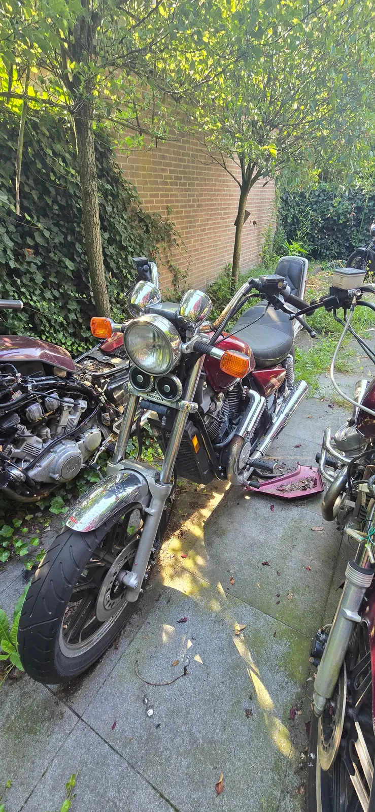 A group of complete donor motorcycles stored outdoors