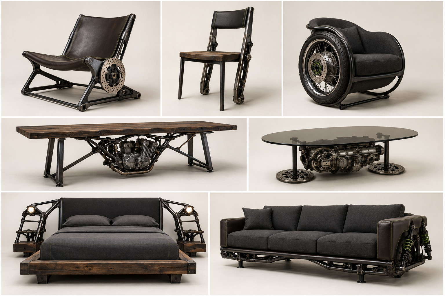 Seven Heavy I furniture concepts made from motorcycle parts: three chairs, two tables, a bed and a sofa